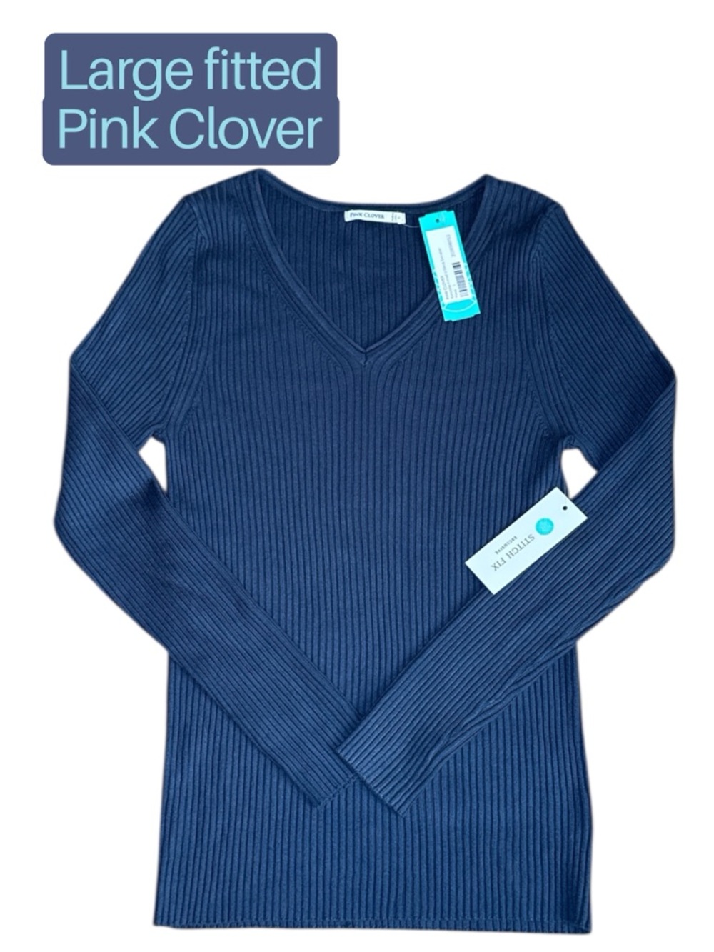 Pink Clover Navy Ribbed Long Sleeve V-Neck
